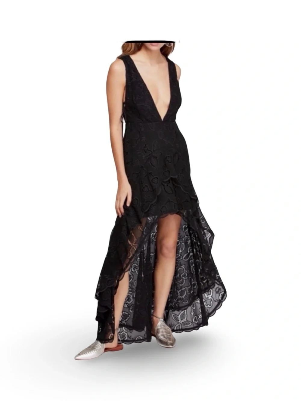 Free People Black Lace High-Low‎ Dress with Side Cutouts, XS